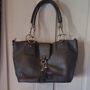 Chic Black Tote Bag with Tassel Accents